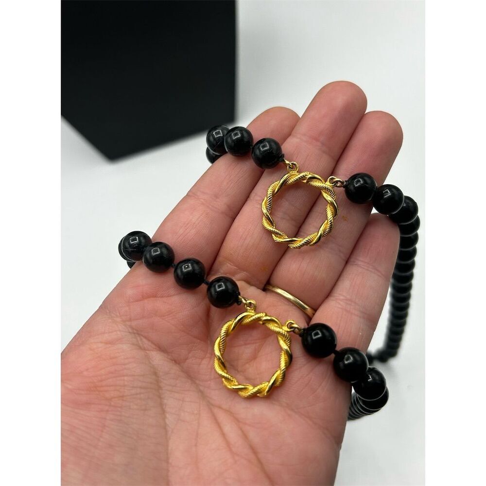 Black Bead Necklace Gold Toned Accent Hoops Necklace - Picture 2 of 4